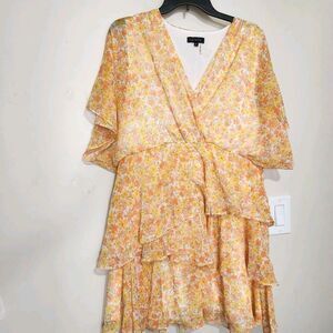 1. State Yellow Floral Tiered Blouson Flutter Sleeve Spring Dress XL.        New
